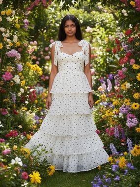 White Polka Dot Tiered Maxi Dress with Tie Straps
